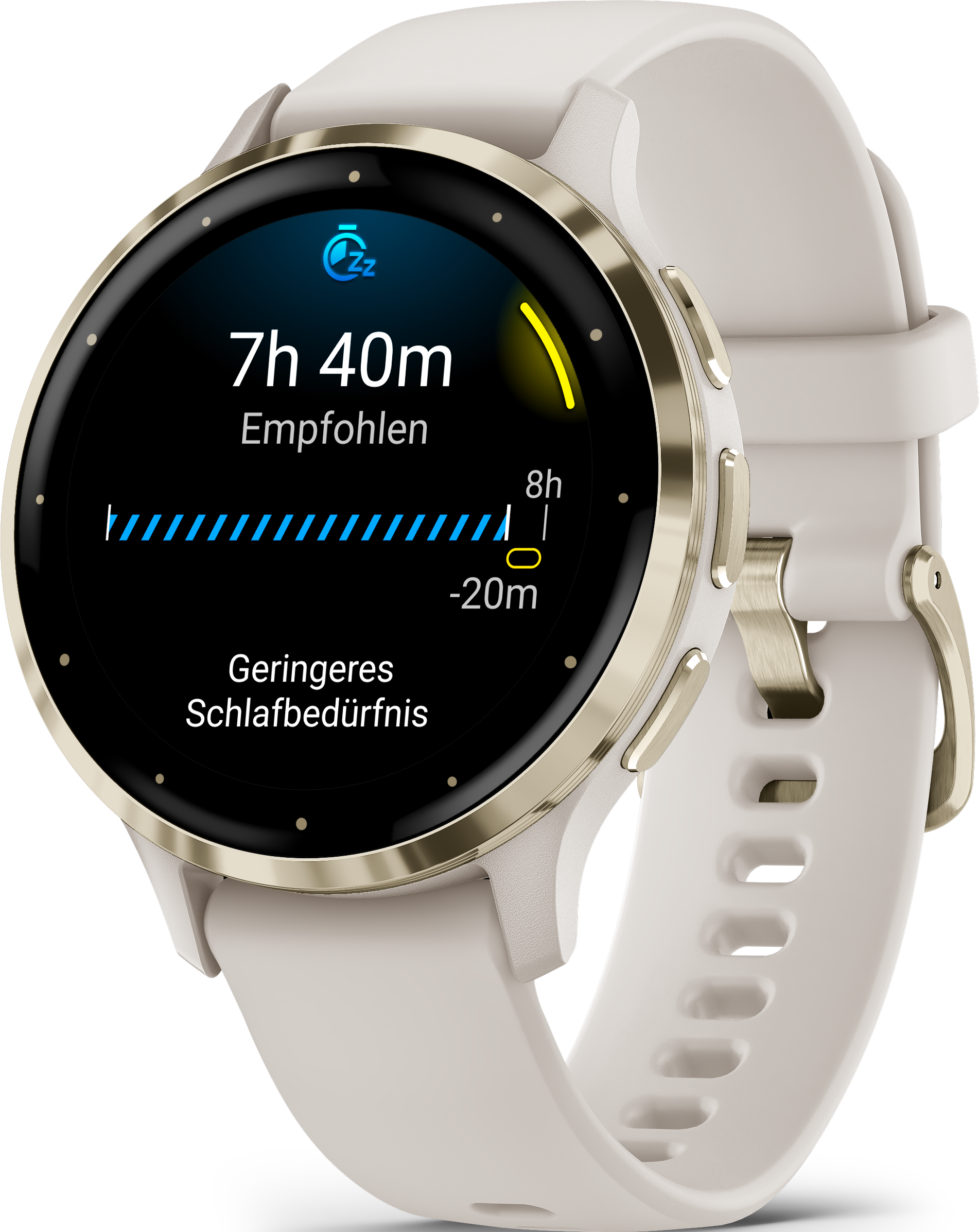 Uno smartwatch mostra dati sul sonno: 7h 40m consigliate, con grafico blu. L'orologio è bianco con lunetta dorata.