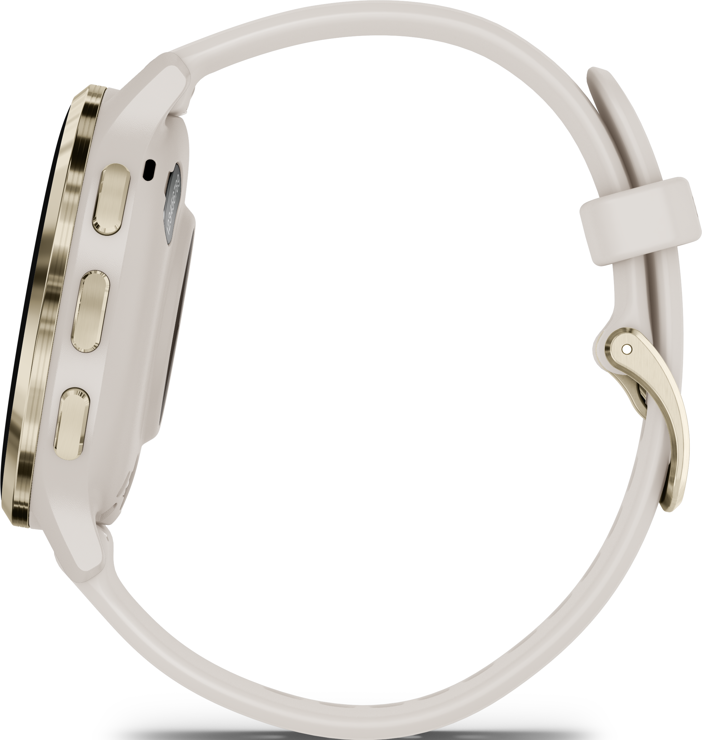Smartwatch color crema. L'orologio è di lato, mostra i pulsanti laterali.
