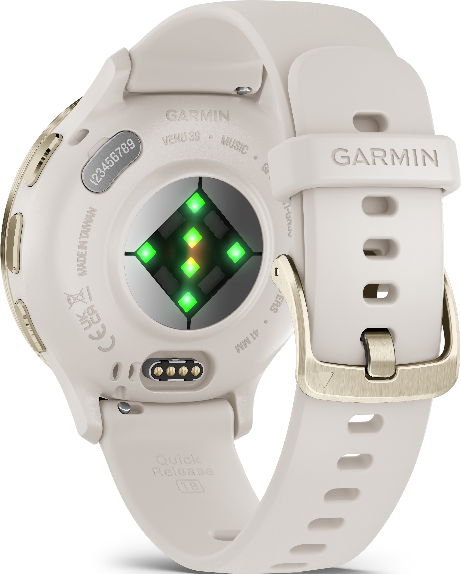 Uno smartwatch Garmin Venu 3S bianco, che mostra il retro con sensori e cinturino.