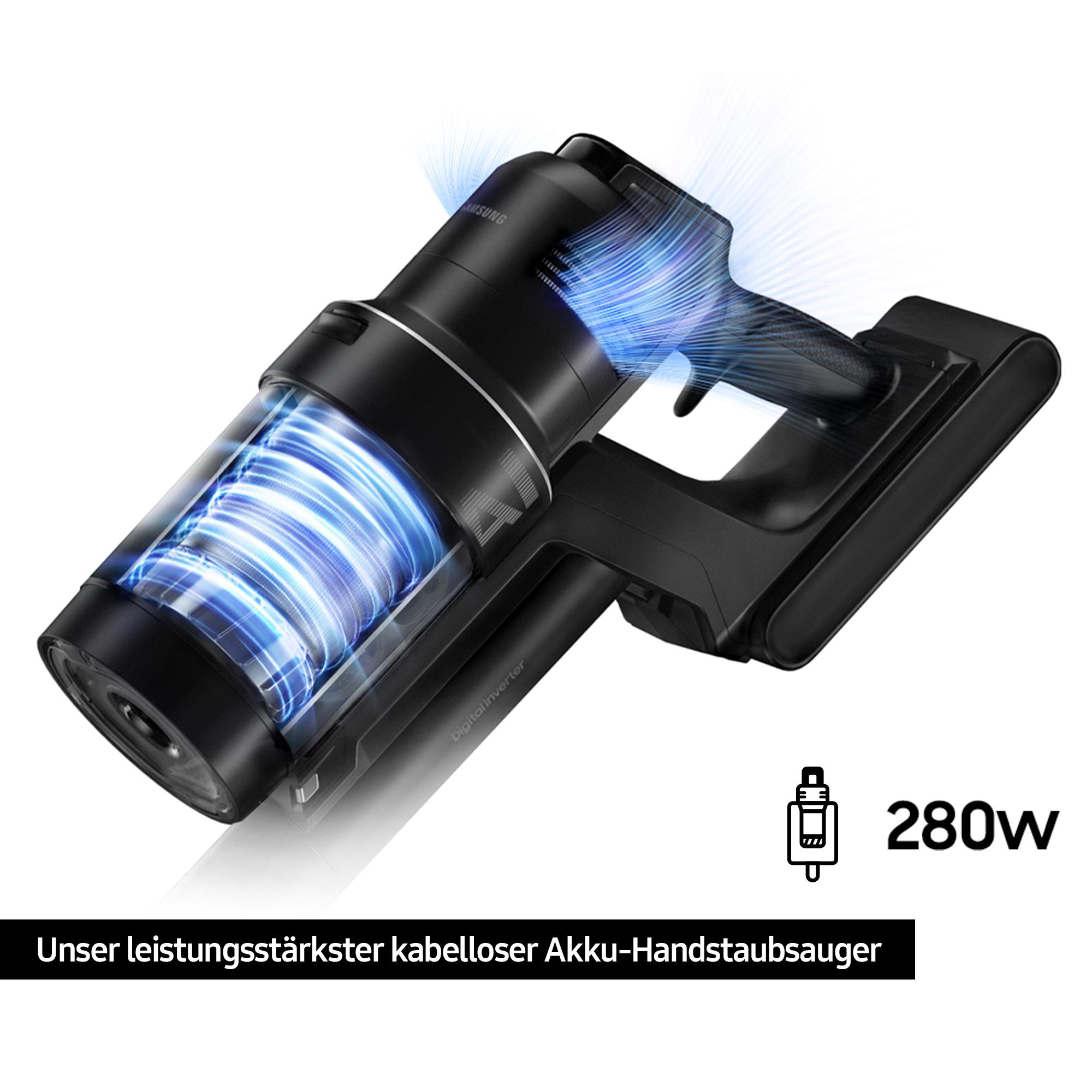 Schwarzer kabelloser Staubsauger mit blauem Luftstrom, Text: 280W.