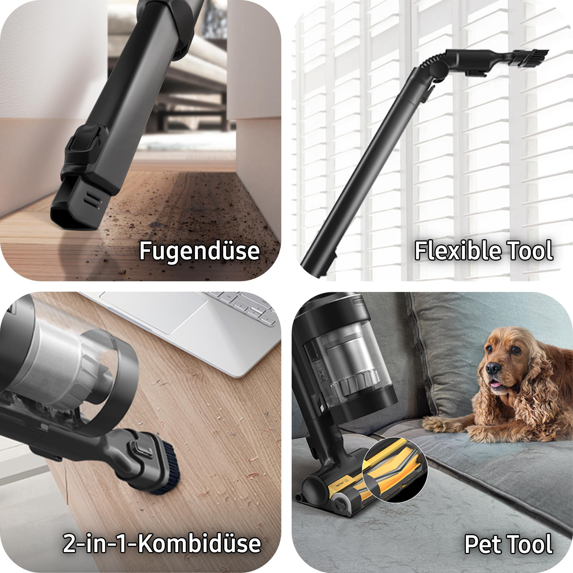 Vier Bilder mit Staubsaugerzubehör: Fugendüse, flexibles Werkzeug, Kombiwerkzeug und Tierwerkzeug.