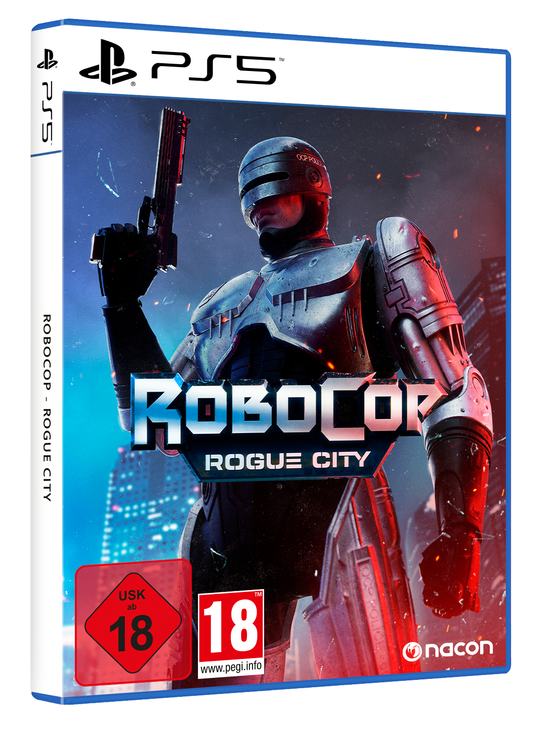 RoboCop: Rogue City PS5-Spielhülle mit RoboCop, der eine Waffe hält, Hintergrund Stadtbild.