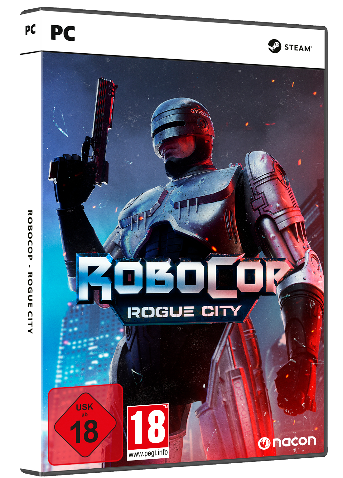 RoboCop: Rogue City Spiel-Box-Art mit RoboCop, der eine Waffe hält, Hintergrund Stadtlandschaft.