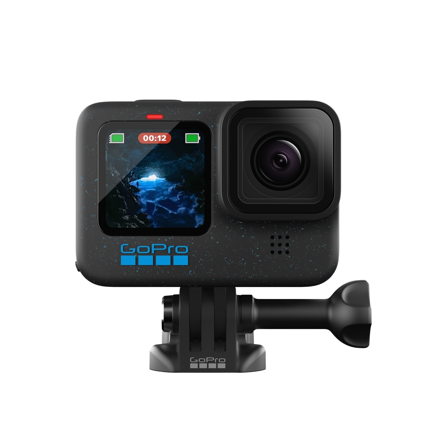 GoPro camera, zwart, met een scherm dat een onderwaterscène toont, gemonteerd op een zwarte standaard.