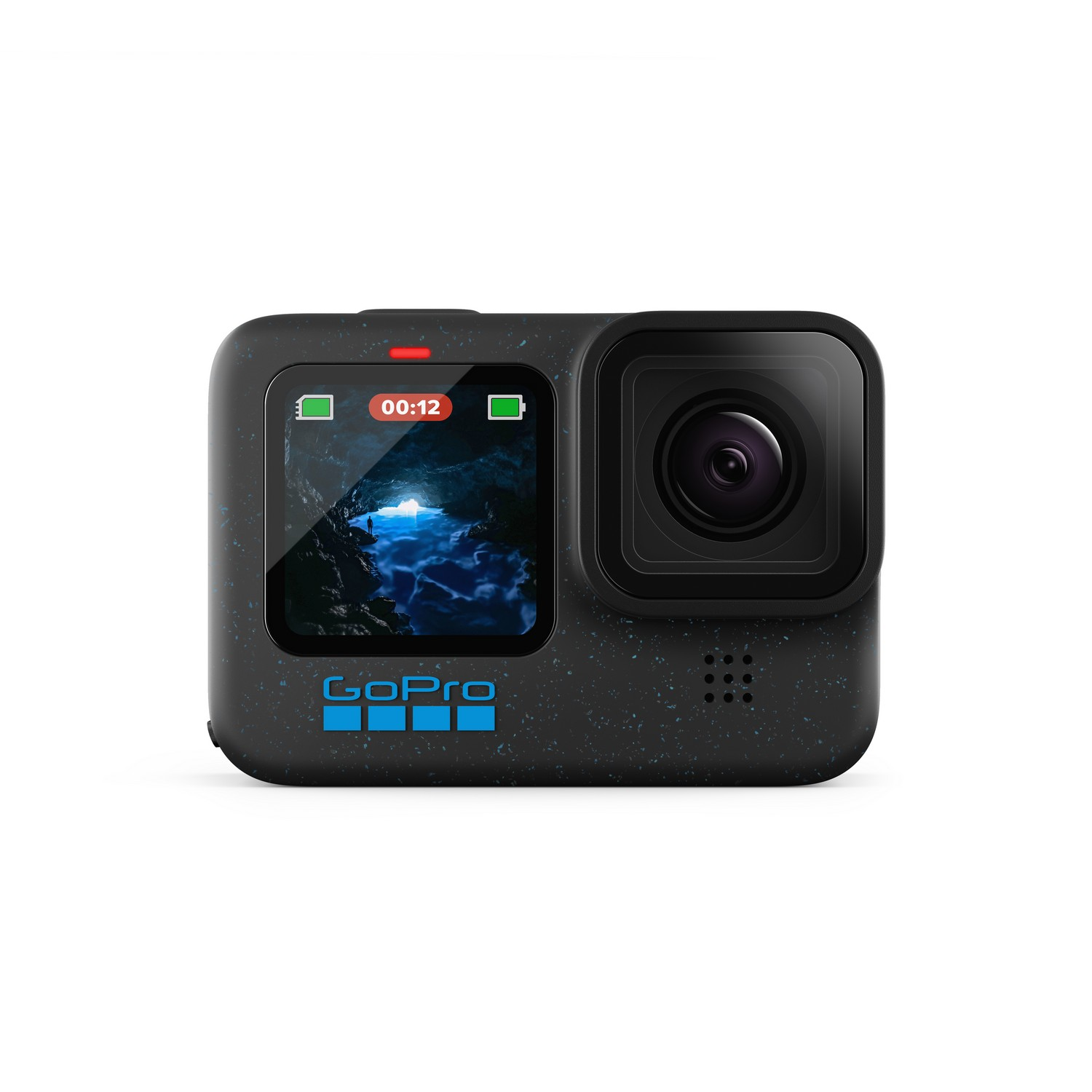 GoPro 12 action camera, vooraanzicht, met het scherm en het GoPro-logo.