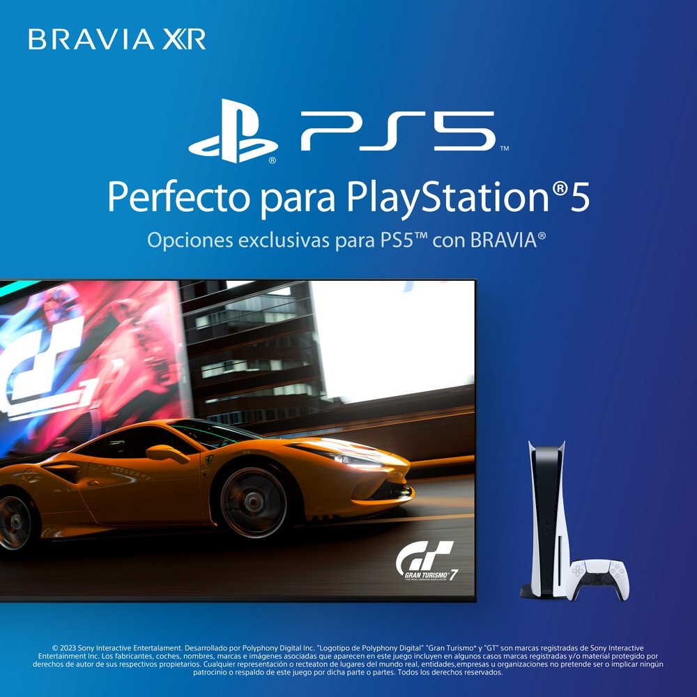 Anuncio de PlayStation 5 con un juego de carreras de coches e imagen de consola.