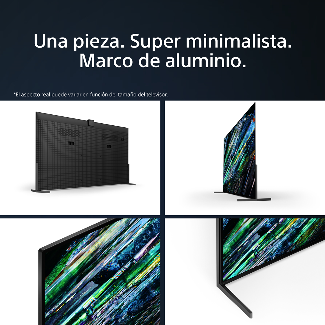 Cuatro imágenes de un televisor negro con un marco de aluminio minimalista sobre fondo blanco.