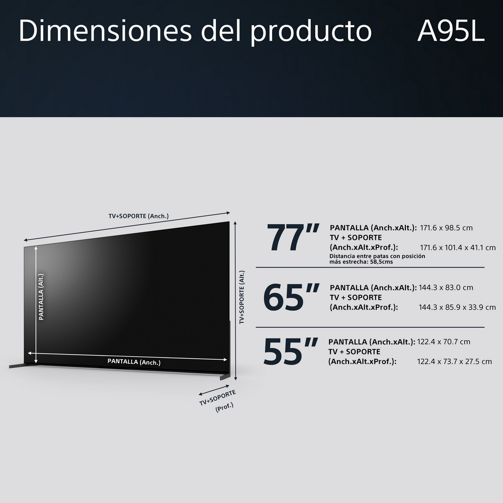 Diagrama de un televisor que muestra las dimensiones para tamaños de pantalla de 77", 65" y 55" en cm.