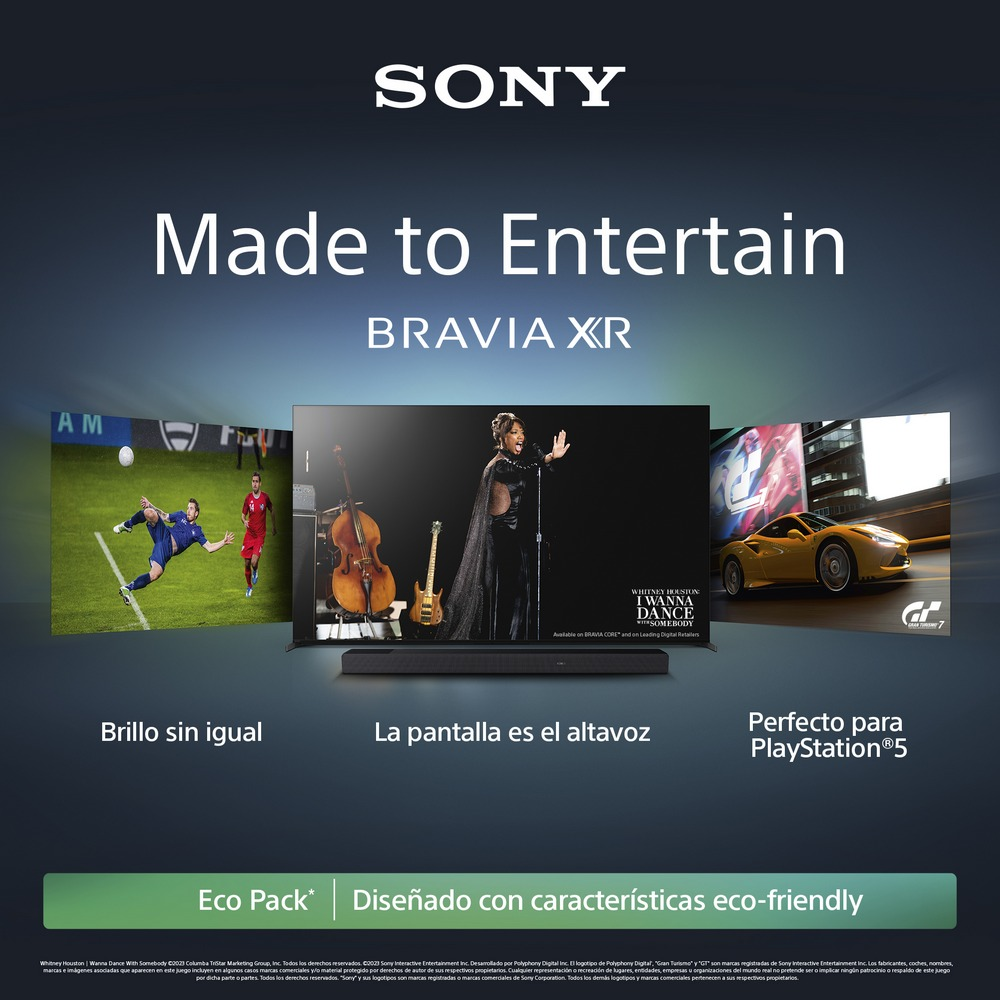 TV Sony Bravia XR mostrando imágenes de deportes, un concierto y una carrera de coches con texto promocionando sus funciones.