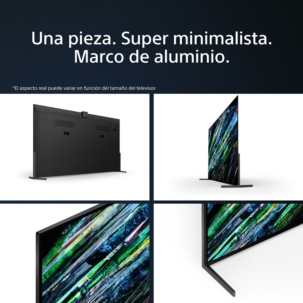 Múltiples vistas de un televisor negro con marco de aluminio.