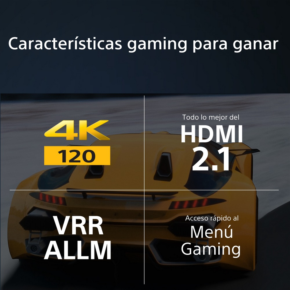 Texto en pantalla sobre funciones de juego. Gráfico de coche. 4K, HDMI 2.1, VRR ALLM.