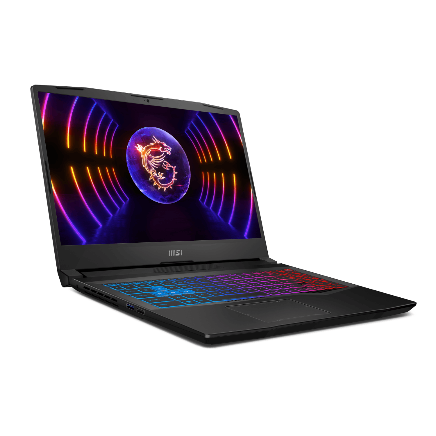 Un portátil negro con la pantalla abierta que muestra un logotipo colorido y la retroiluminación del teclado.