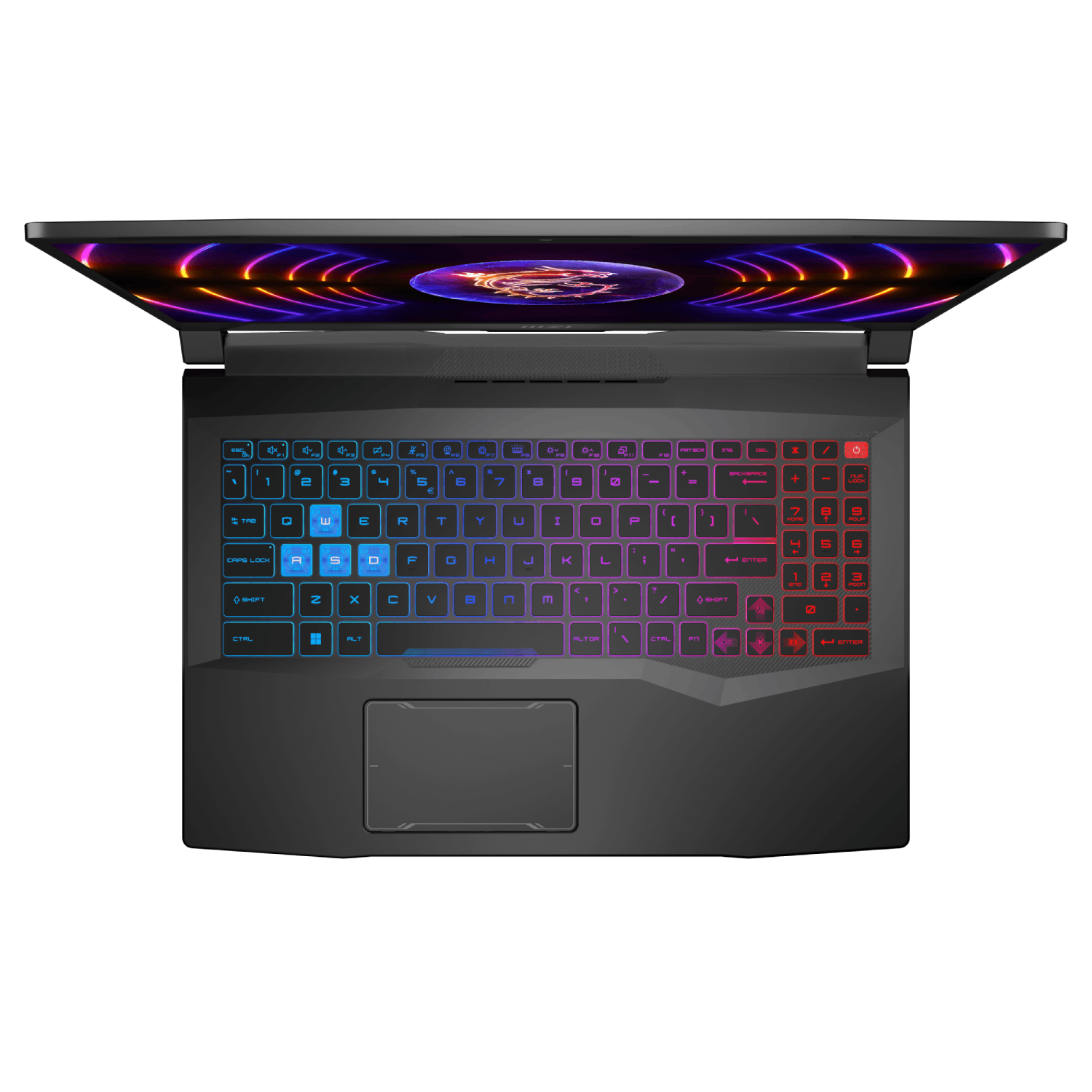 Ordenador portátil desde arriba. El teclado es colorido. La pantalla está abierta.