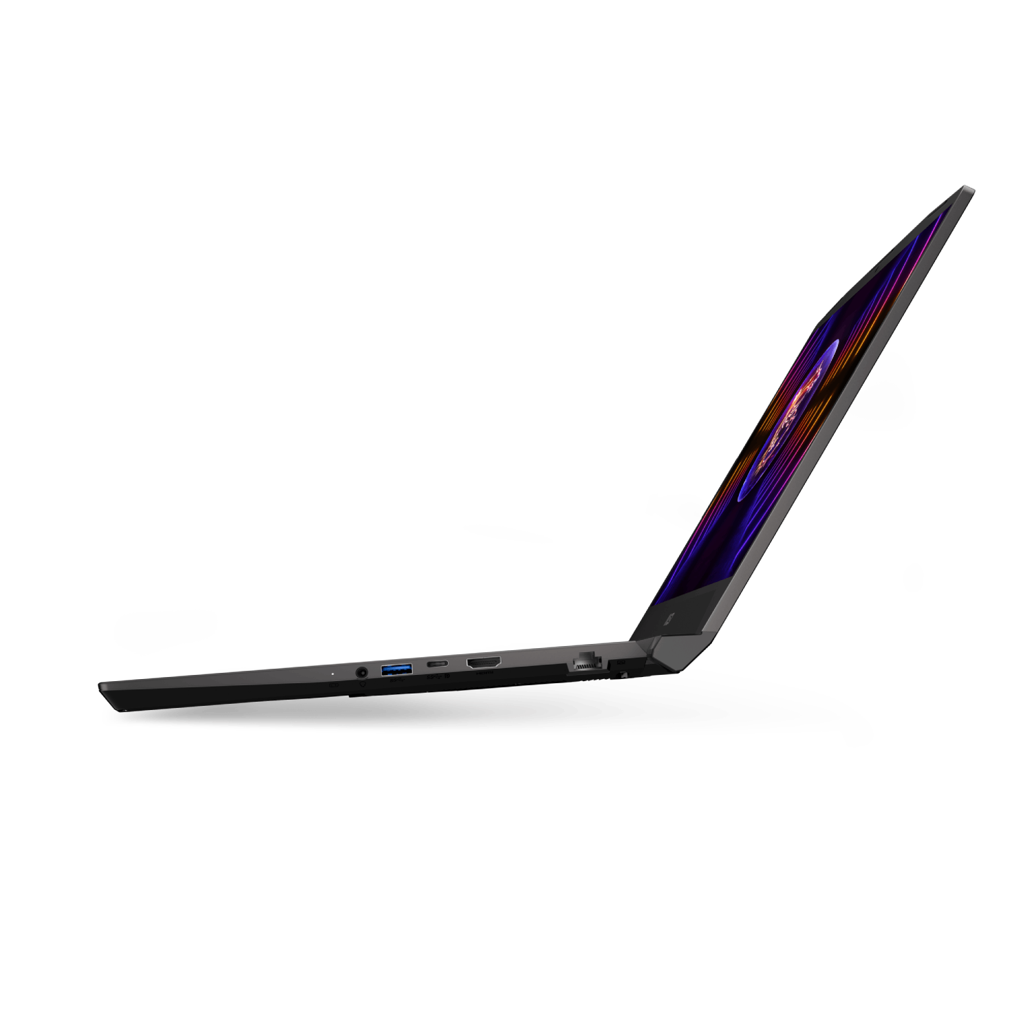 Una computadora portátil desde un lado. La pantalla está abierta y el diseño es elegante y negro.