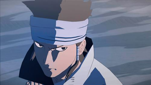 Personaje anime con diadema blanca, expresión seria. Fondo azul.