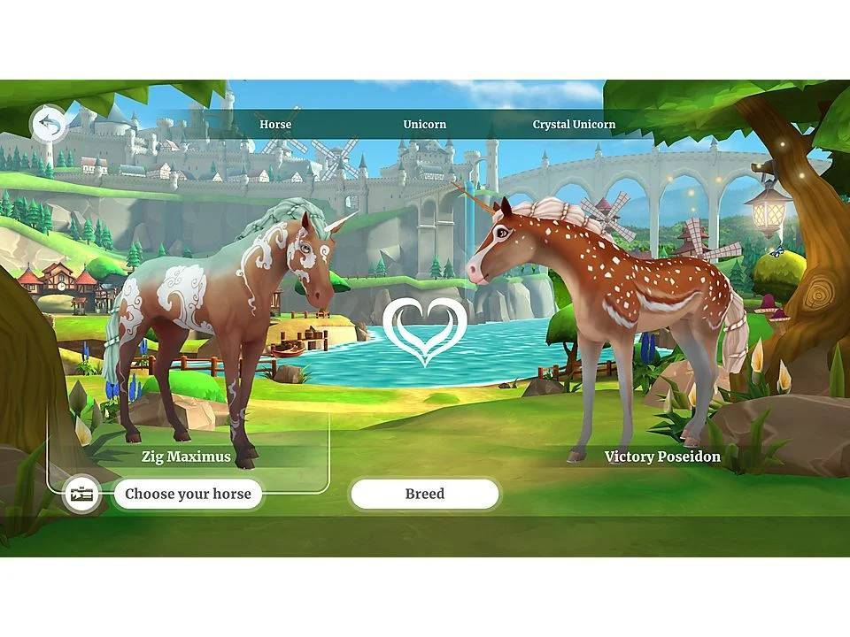 Interfaz de juego mostrando opciones para elegir un caballo para criar.