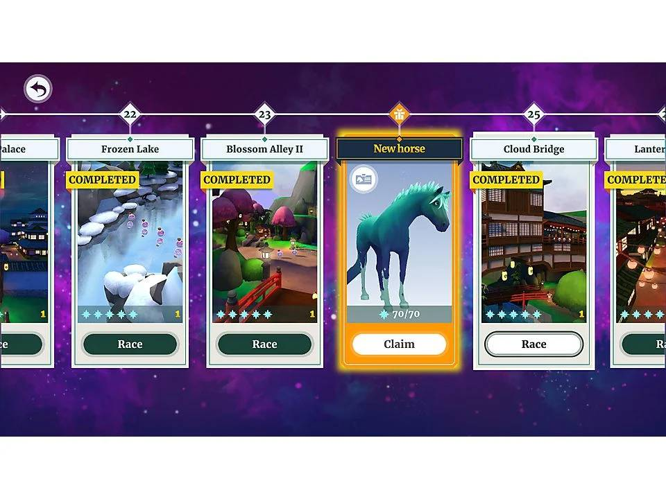 Interfaz de juego con niveles y recompensas, mostrando un caballo azul etiquetado "Nuevo caballo".