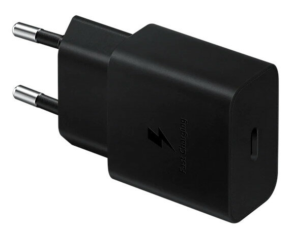 Czarna ładowarka Samsung z szybkim ładowaniem z portem Type-C i logo szybkiego ładowania.