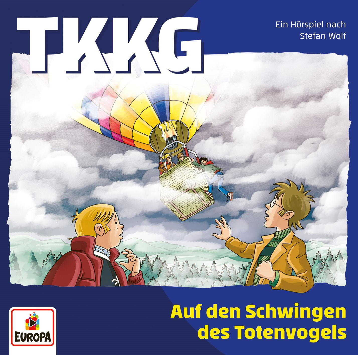 Cover-Art eines TKKG-Hörbuchs zeigt einen Heißluftballon über einem bewölkten Himmel mit zwei Jungen, die nach oben schauen.