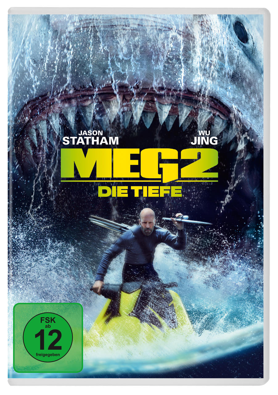 Filmcover zeigt Jason Statham im Wasser vor einem Hai, mit dem Titel 'MEG 2 Die Tiefe'.