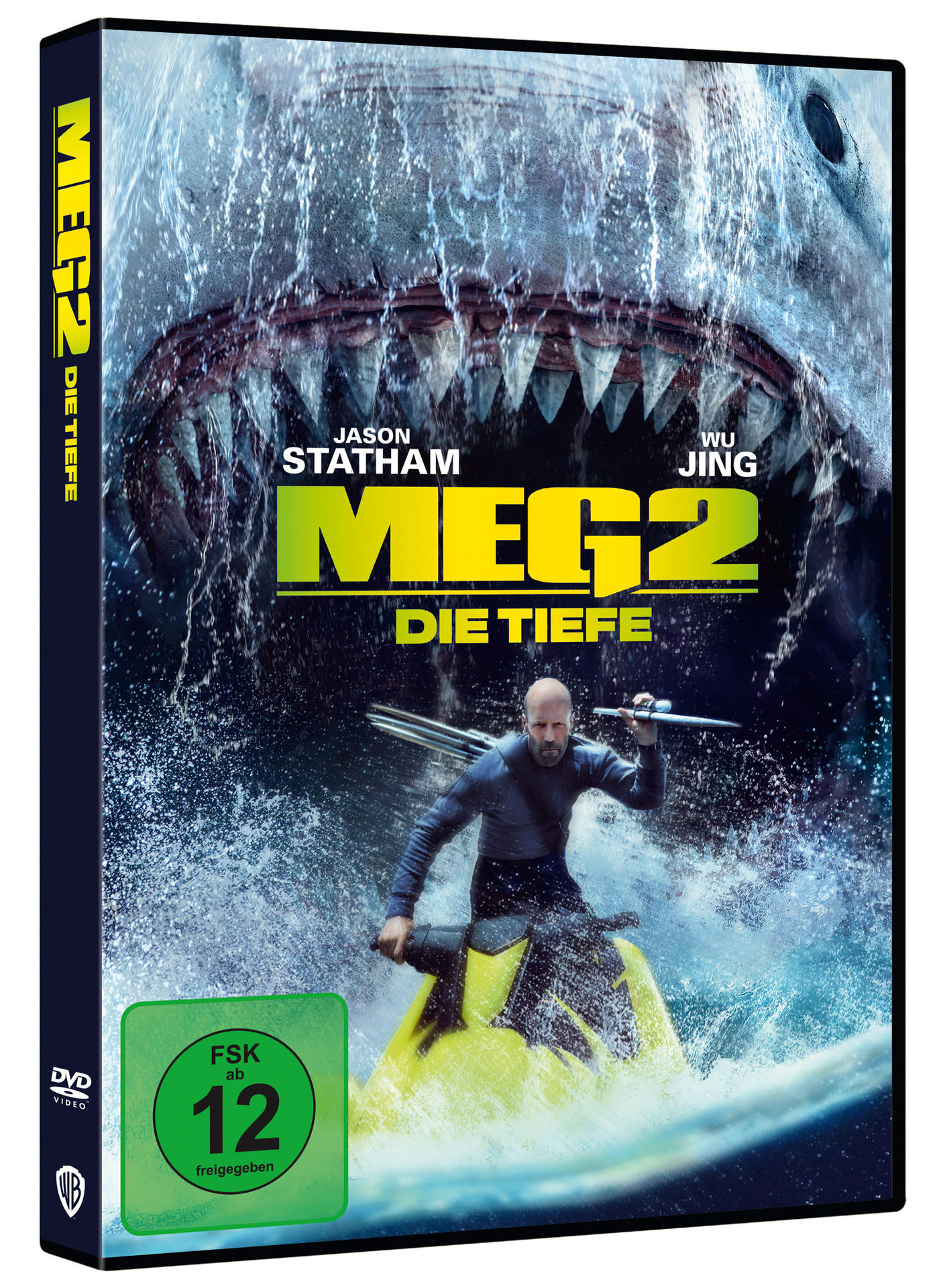 Ein DVD-Cover für den Film 'Meg 2: Die Tiefe' mit einem großen Hai im Hintergrund.