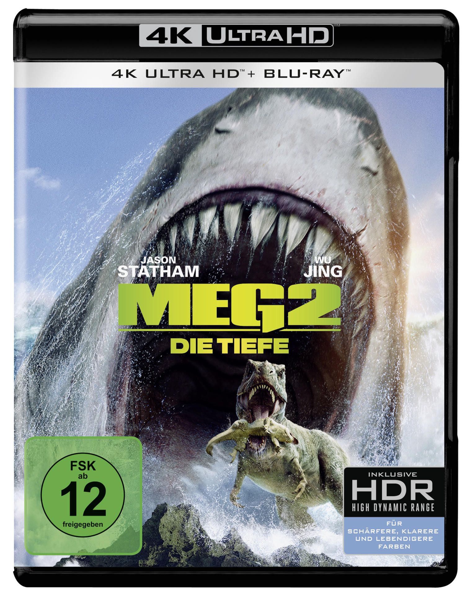 Blu-ray-Cover von 'Meg 2: The Trench'. Zeigt einen Hai, der einen Dinosaurier angreift, mit Text und Logos.