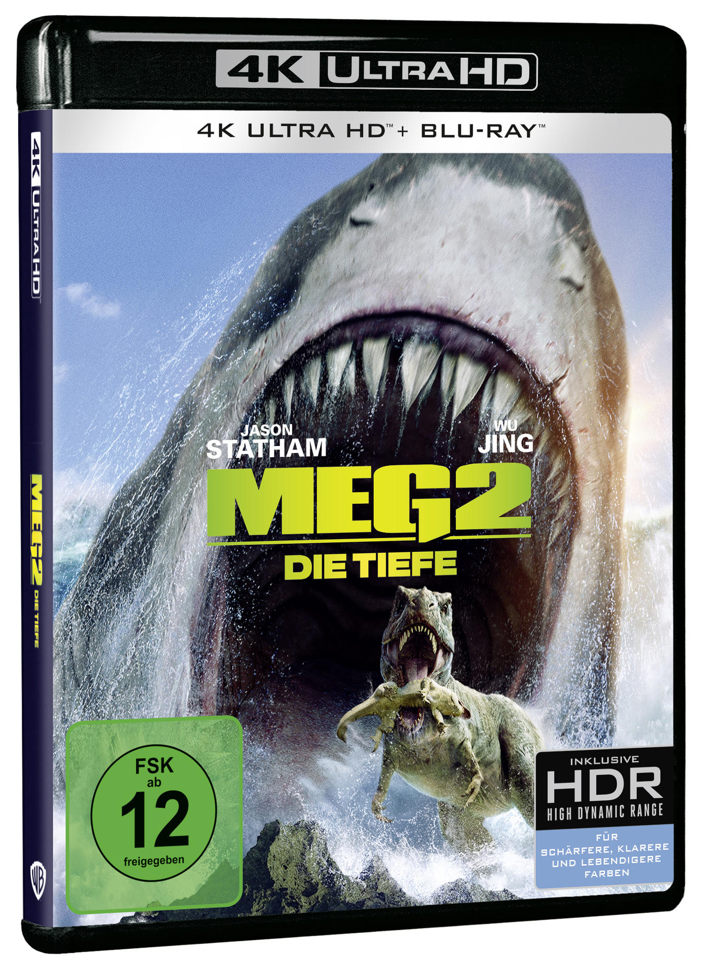 Filmcover mit einem Hai und einem Dinosaurier mit dem Titel "MEG 2".