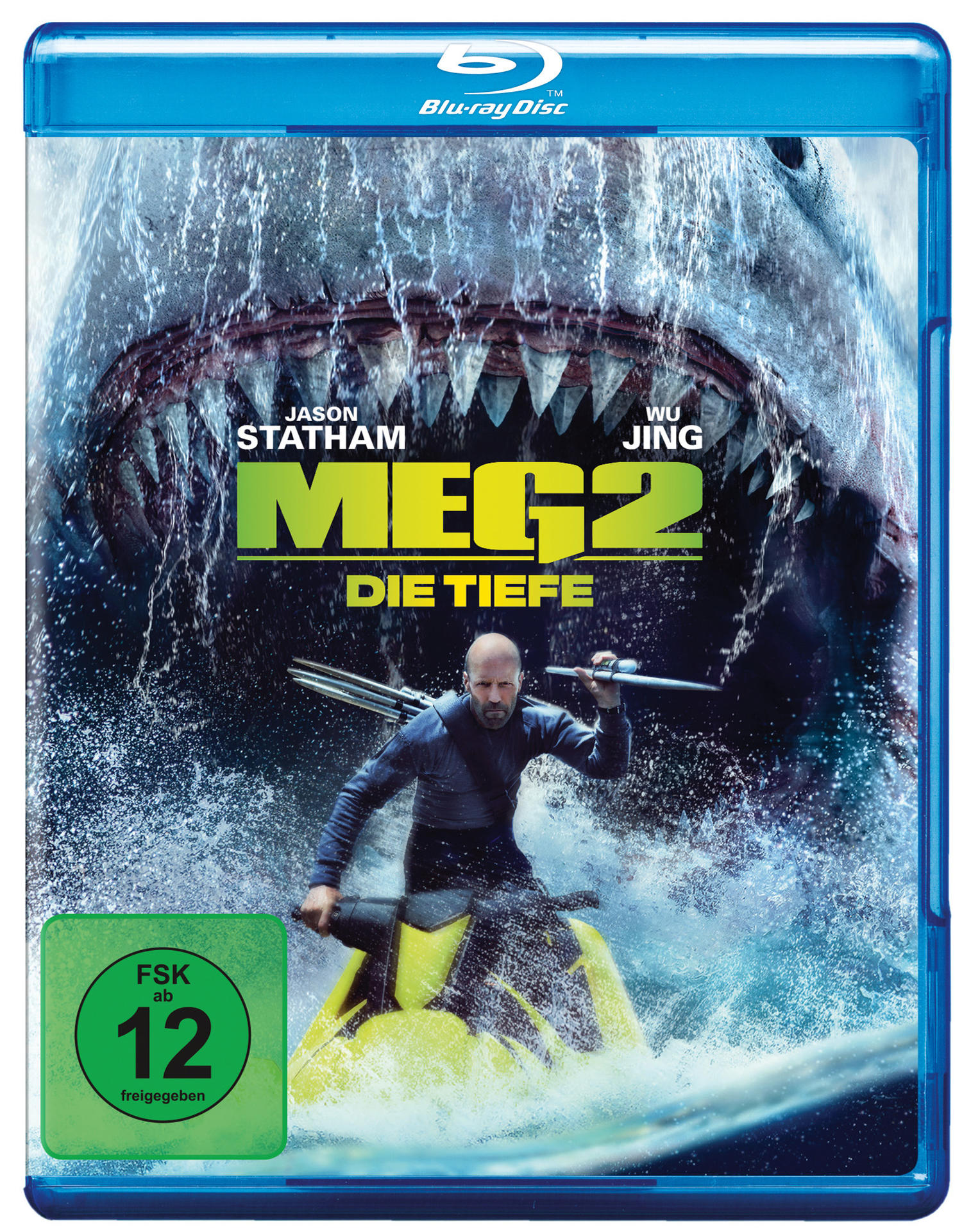 Meg 2 Blu-ray-Cover mit Jason Statham, Hai und Wasserspritzer.