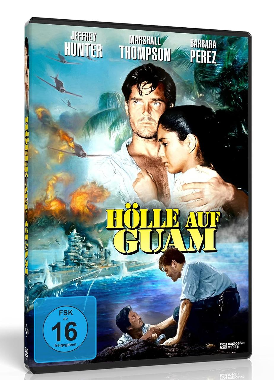 DVD-Cover mit Schauspielern, Explosionen und Kriegsschiffen, betitelt 'Hölle auf Guam'.