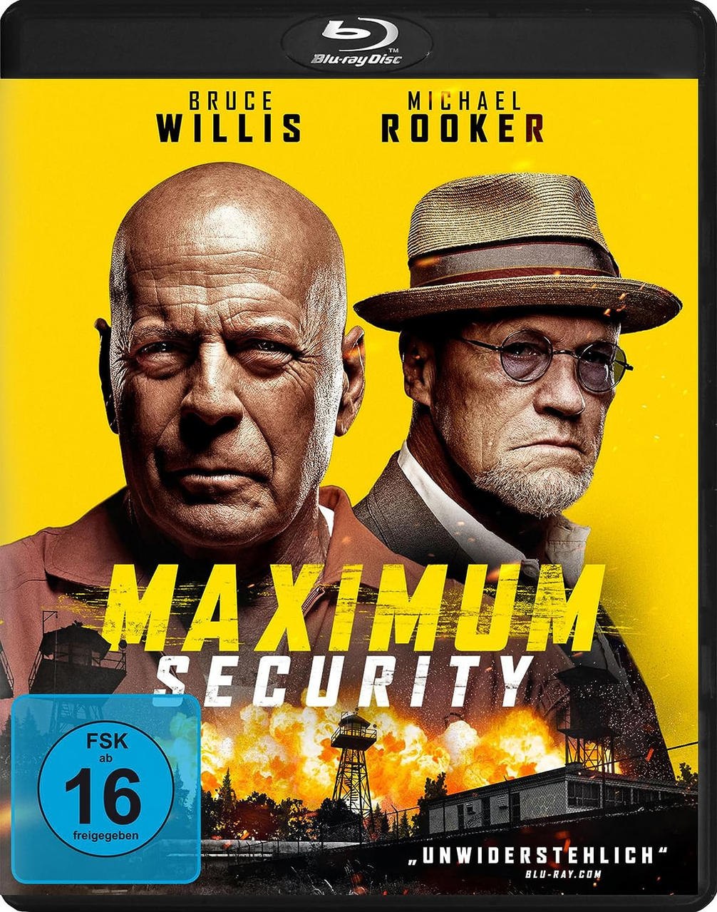 Maximum Security Blu-ray Cover. Bruce Willis und Michael Rooker schauen den Betrachter an, gelber Hintergrund.