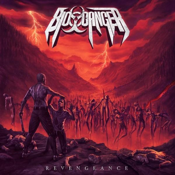 Bio-Cancer album borítója, 'Revengeance'. Két férfi vörös jelenetben zombikkal.