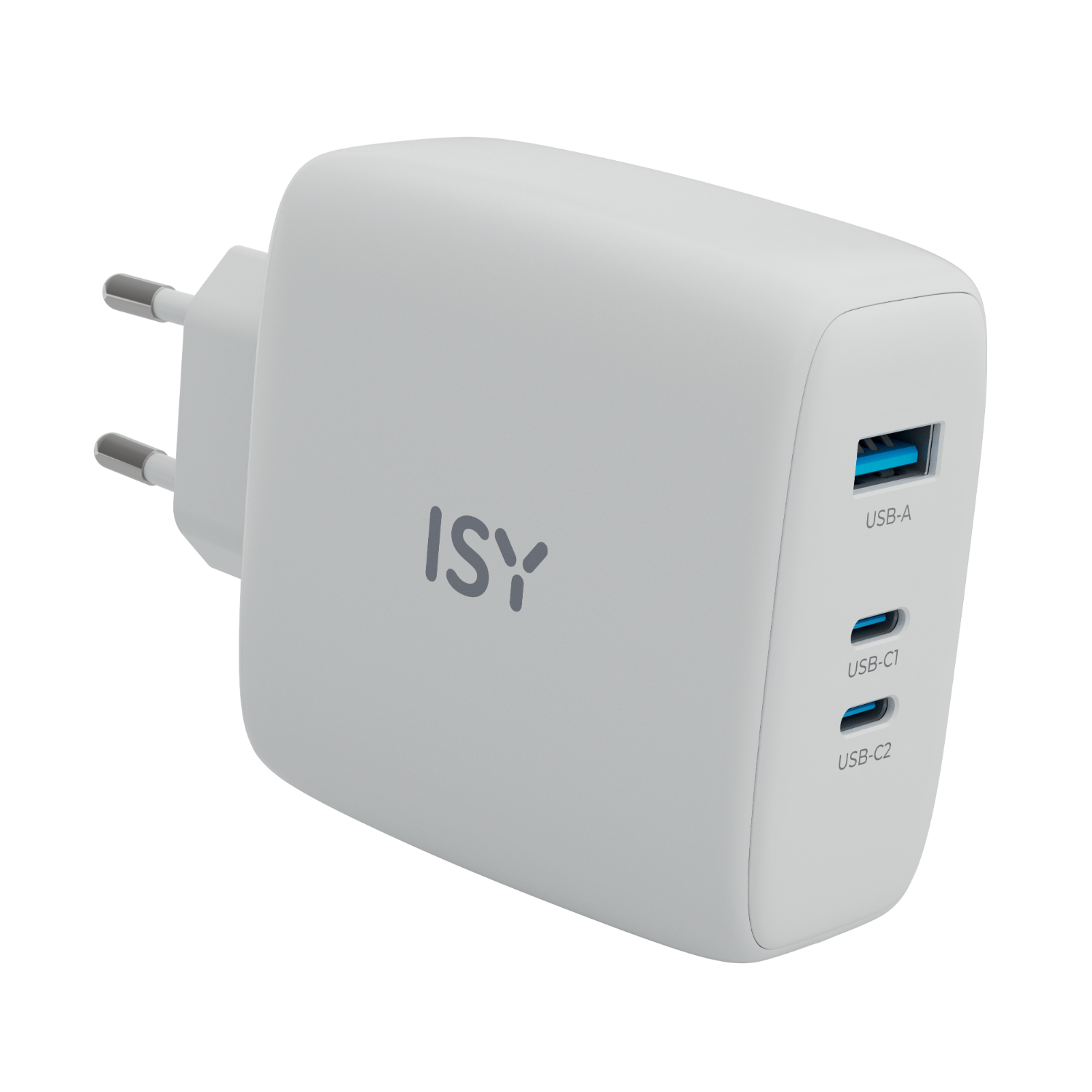 Witte ISY USB-oplader met drie USB-poorten, USB-A, USB-C1, USB-C2.
