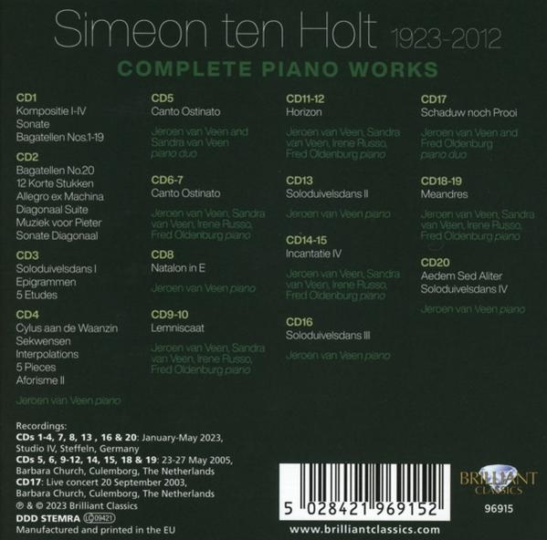 Rückseite der CD-Hülle mit Text über die kompletten Klavierwerke von Simeon ten Holt. Schwarz-Weiß-Farben.