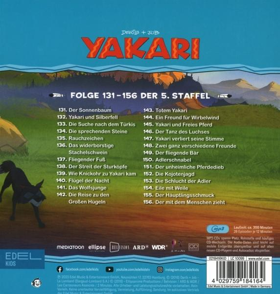Rückseite der Yakari DVD. Text auf Deutsch. Episodenliste und Cartoonpferd.