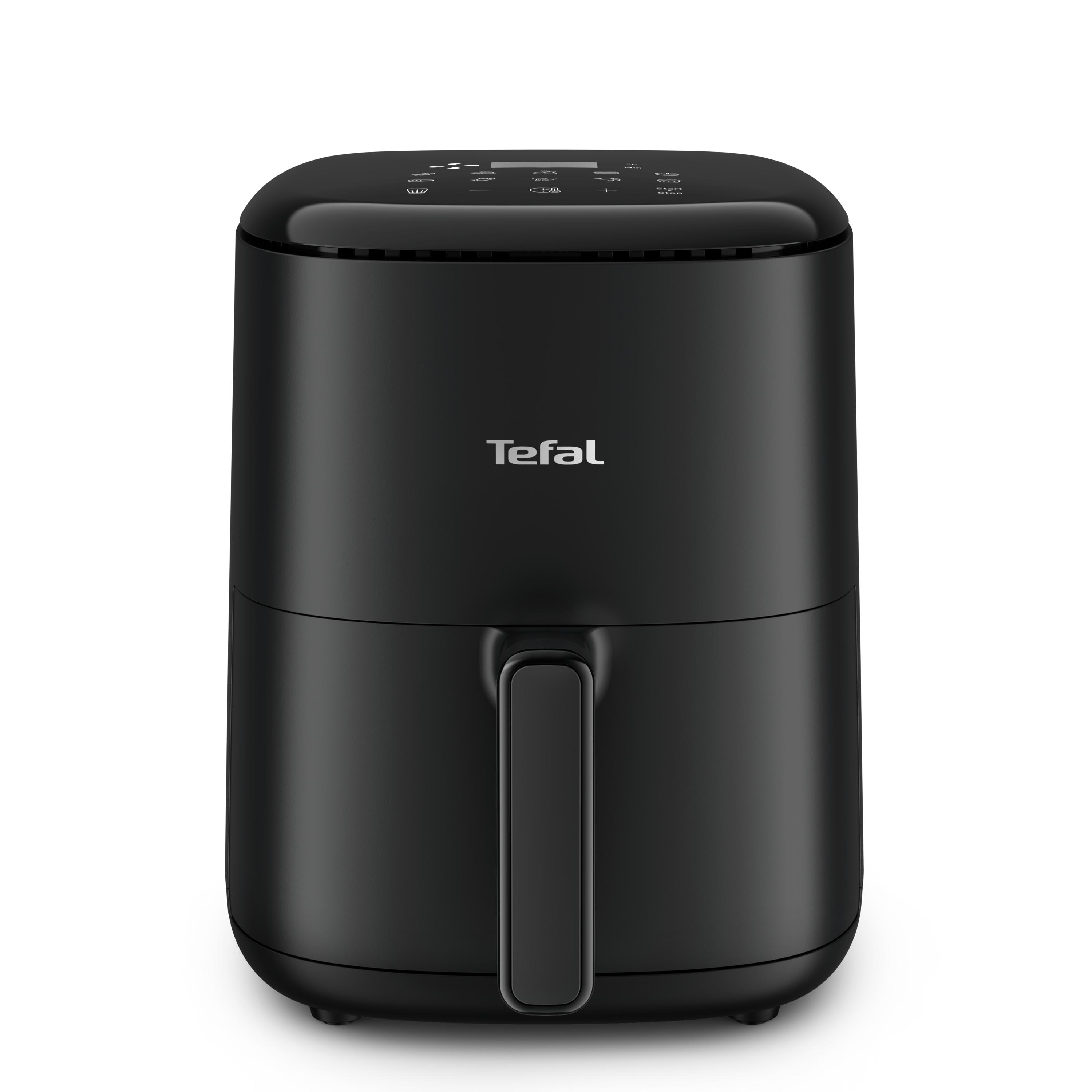 Schwarze Heißluftfritteuse auf weißem Hintergrund. Griff vorne, Tefal-Logo. Bedienelemente oben.