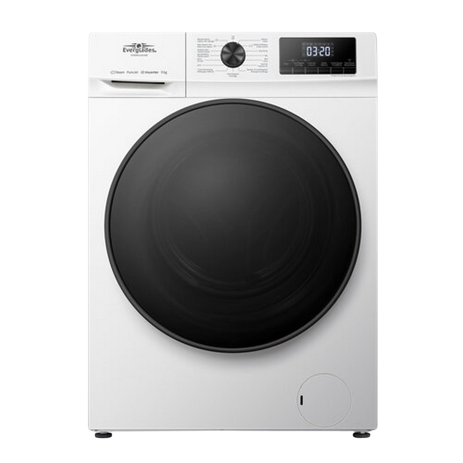 Lave-linge blanc à chargement frontal avec porte noire et affichage numérique.