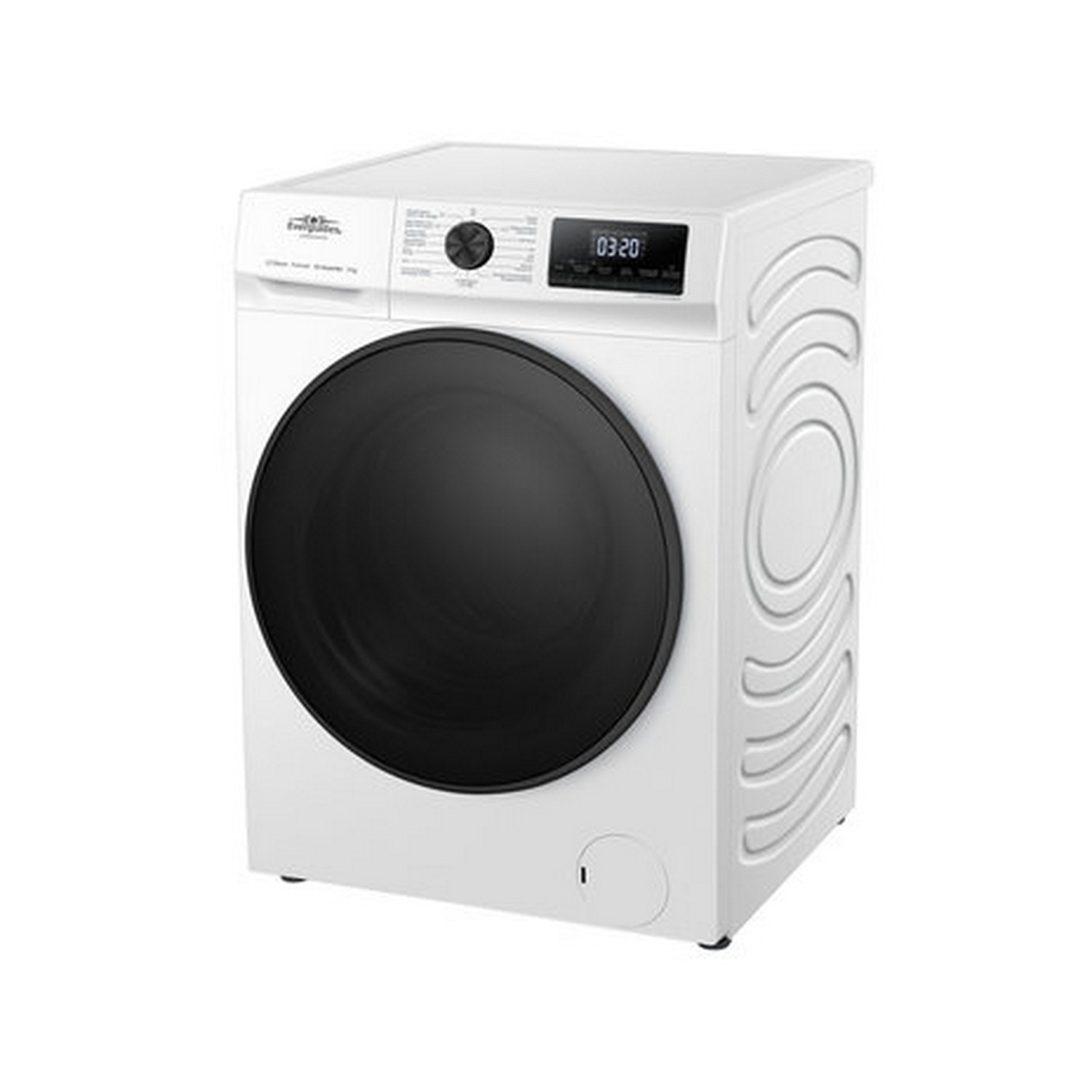 Lave-linge blanc avec porte noire et affichage numérique indiquant '0320'.