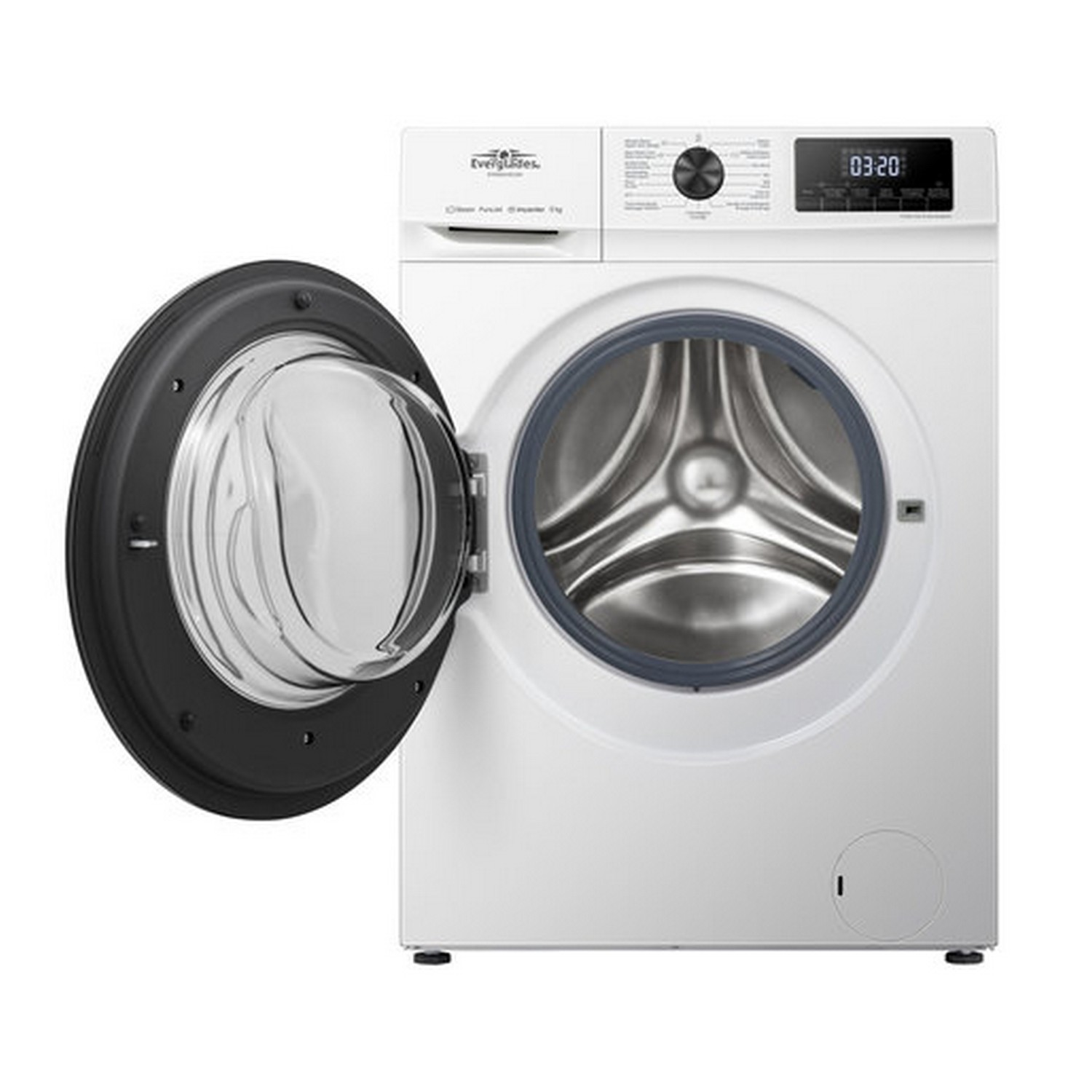 Lave-linge blanc avec porte ouverte, bord noir et affichage numérique.