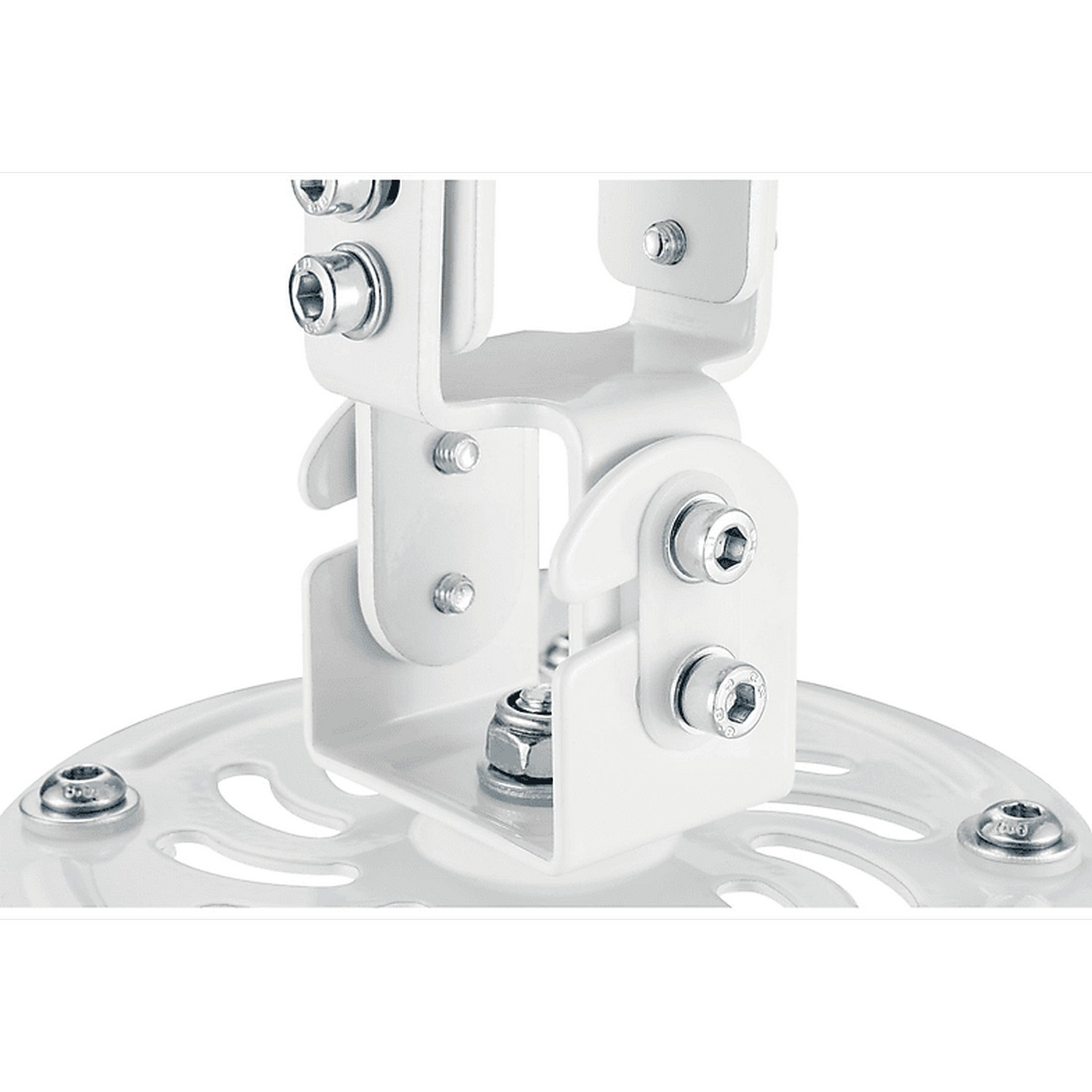Support de projecteur métallique blanc avec boulons et base circulaire, sur fond blanc.