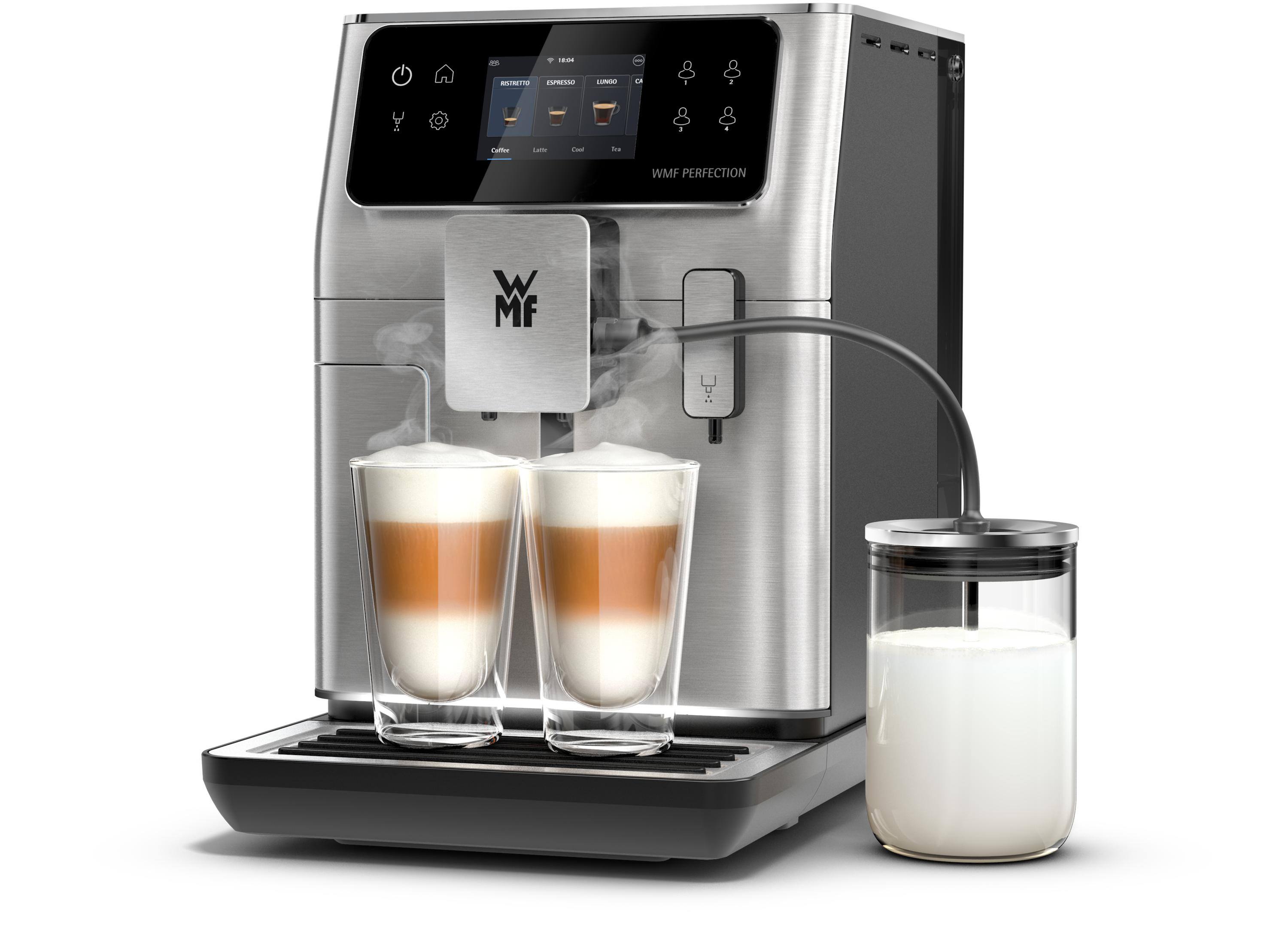 Espressomaschine mit zwei Latte-Gläsern, Milchkanne. Edelstahl-Design.