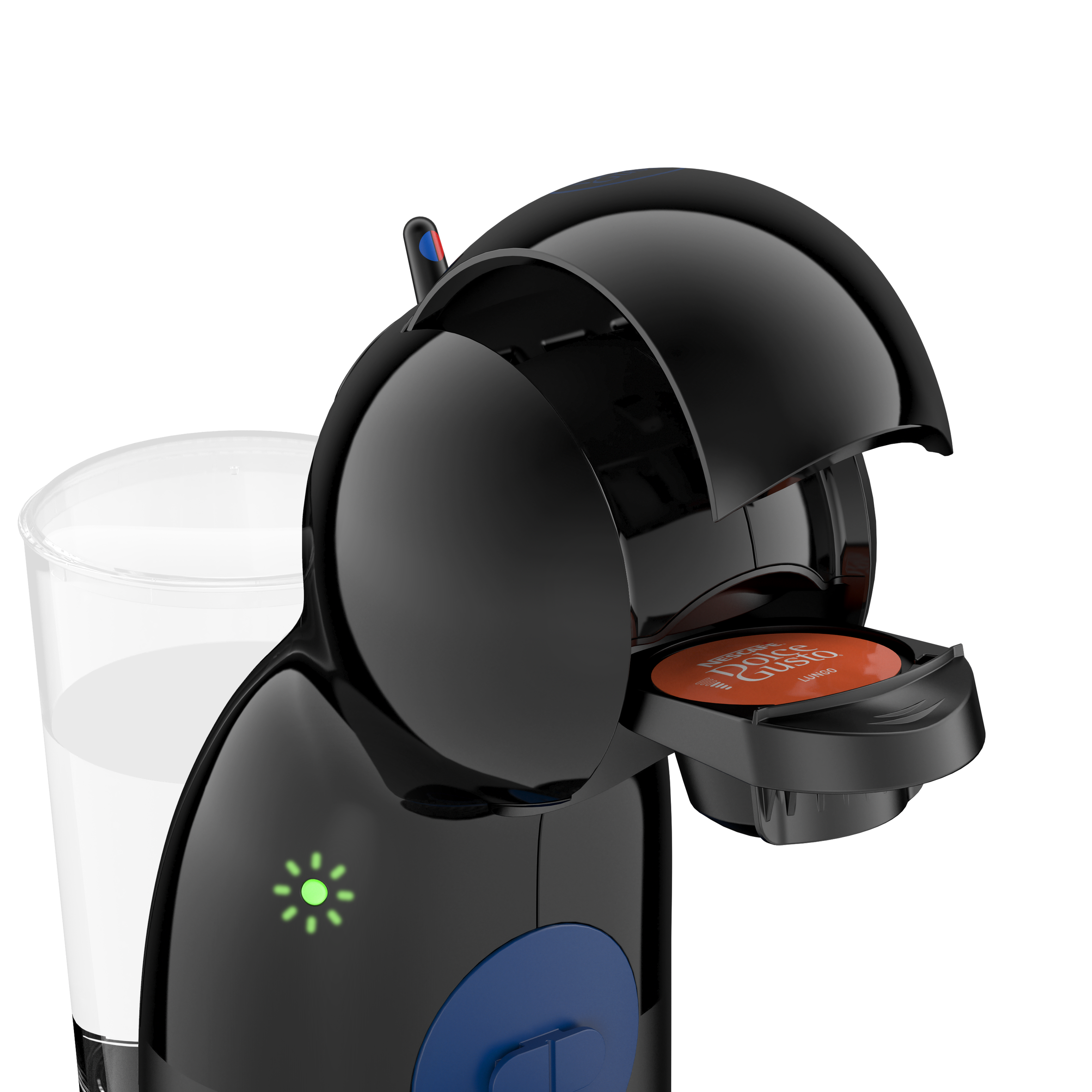 Cafetera negra con cápsula en dispensador y vaso de agua.