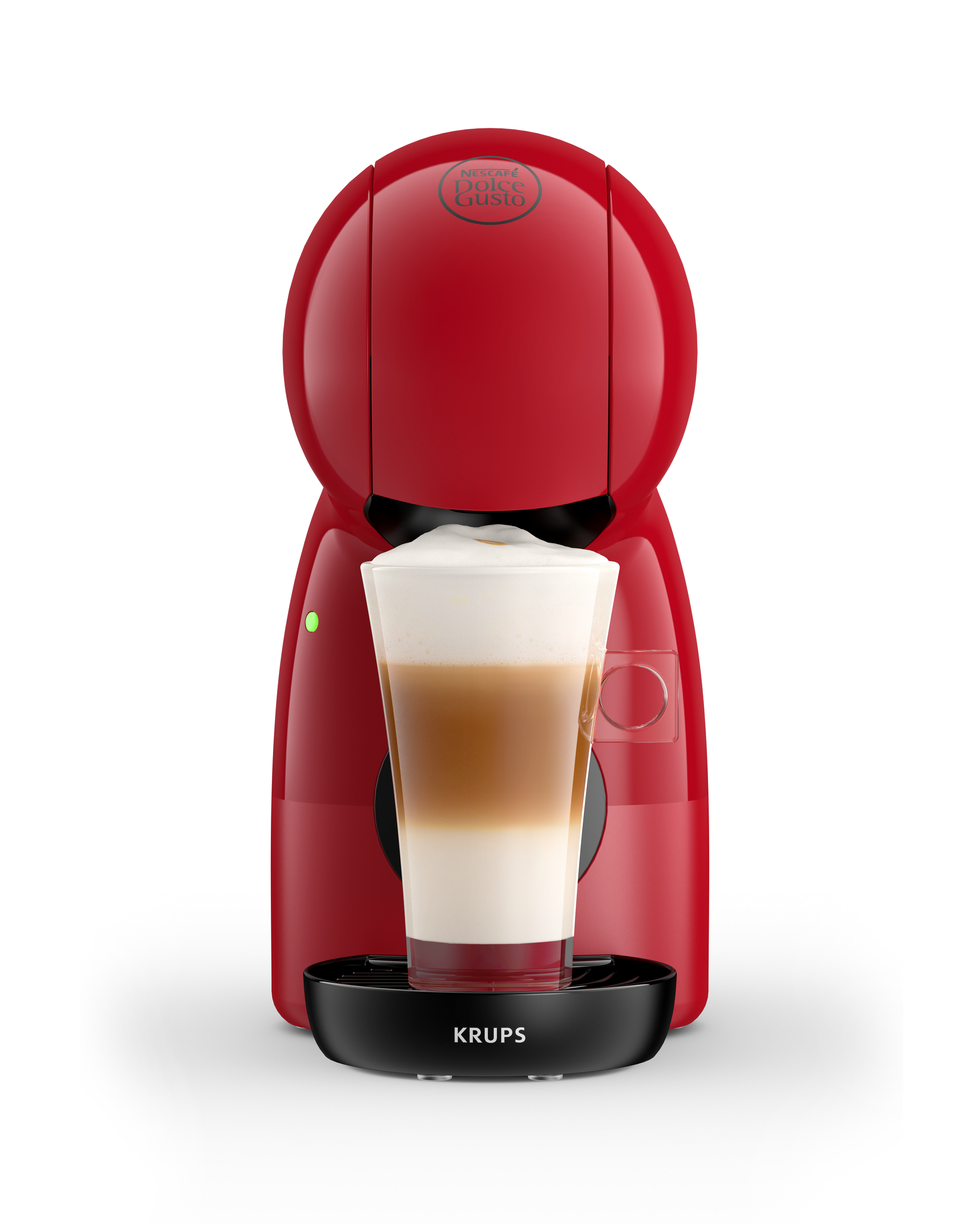 Una cafetera roja Krups Dolce Gusto con un vaso de café en capas delante.
