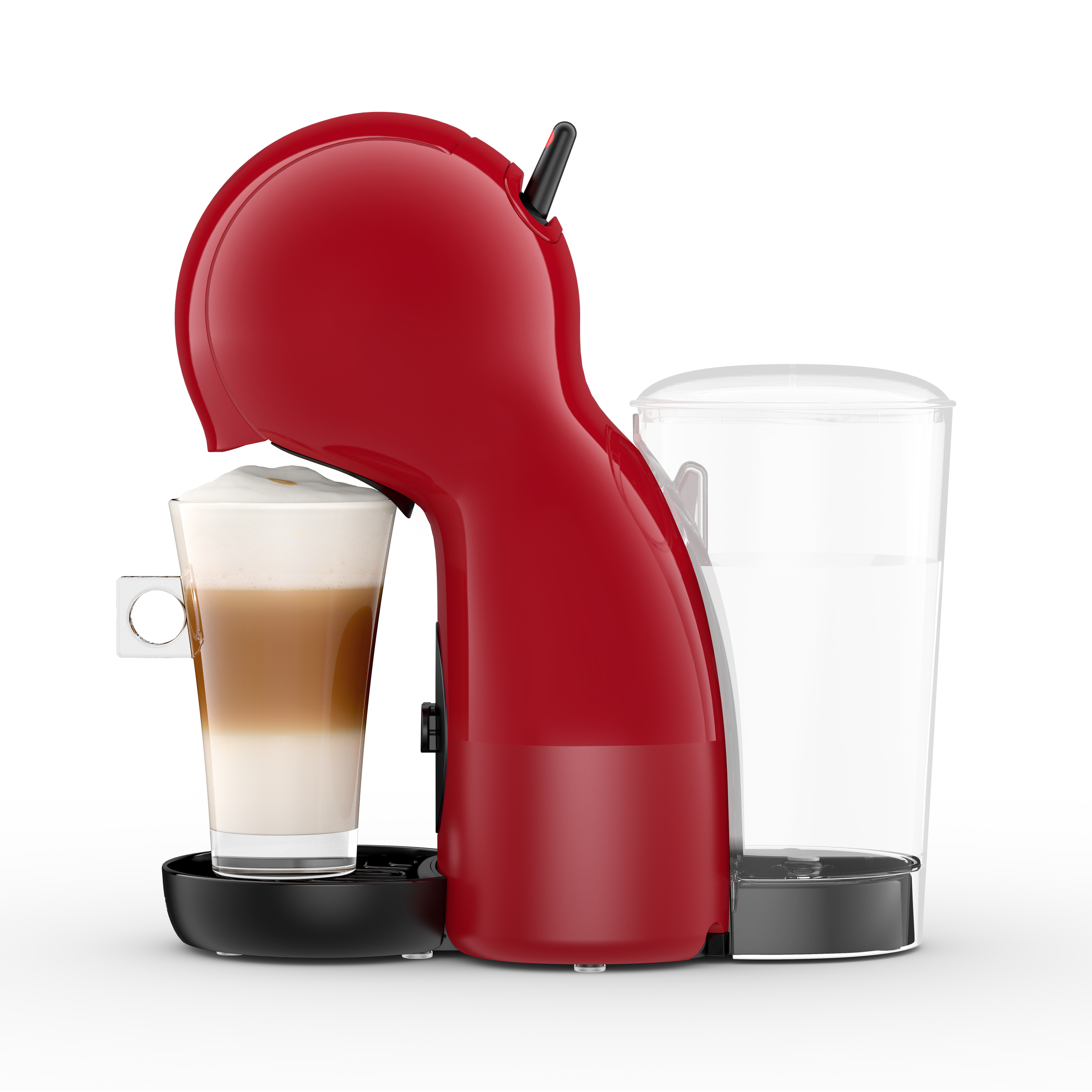 Máquina de café roja con un vaso de café en capas. Contenedor de agua transparente y base negra.