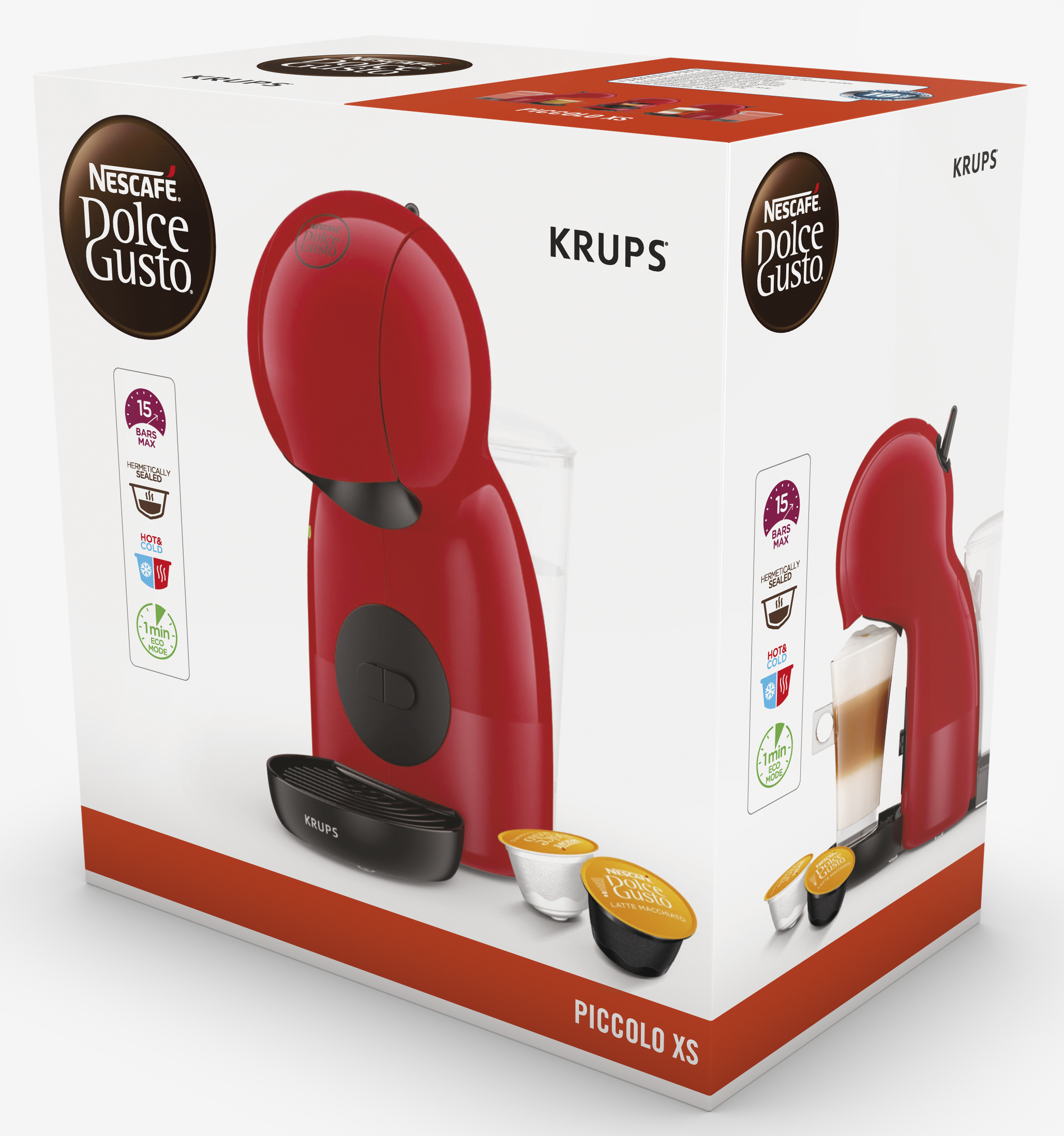Máquina de café roja y caja con cápsulas de café.