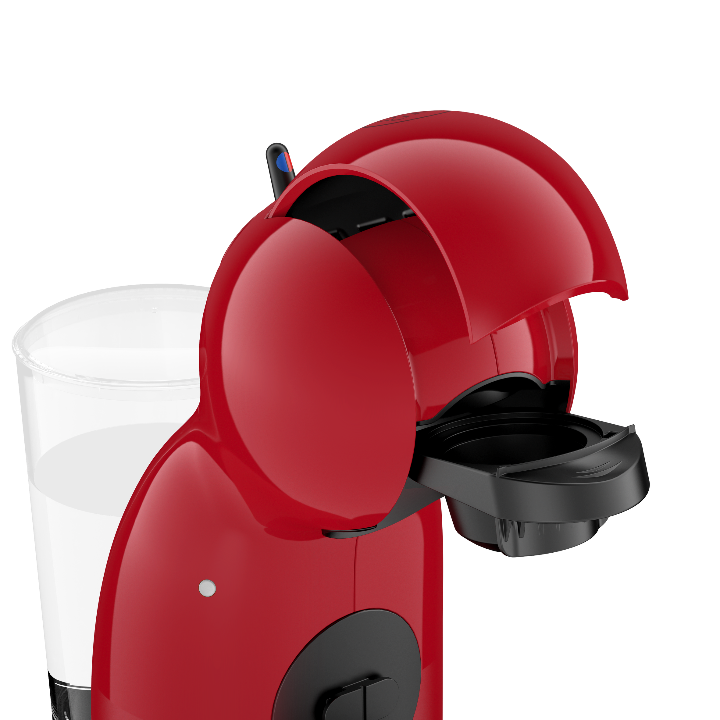 Máquina de café roja con la parte superior abierta, un vaso de leche y un área de dispensación negra.
