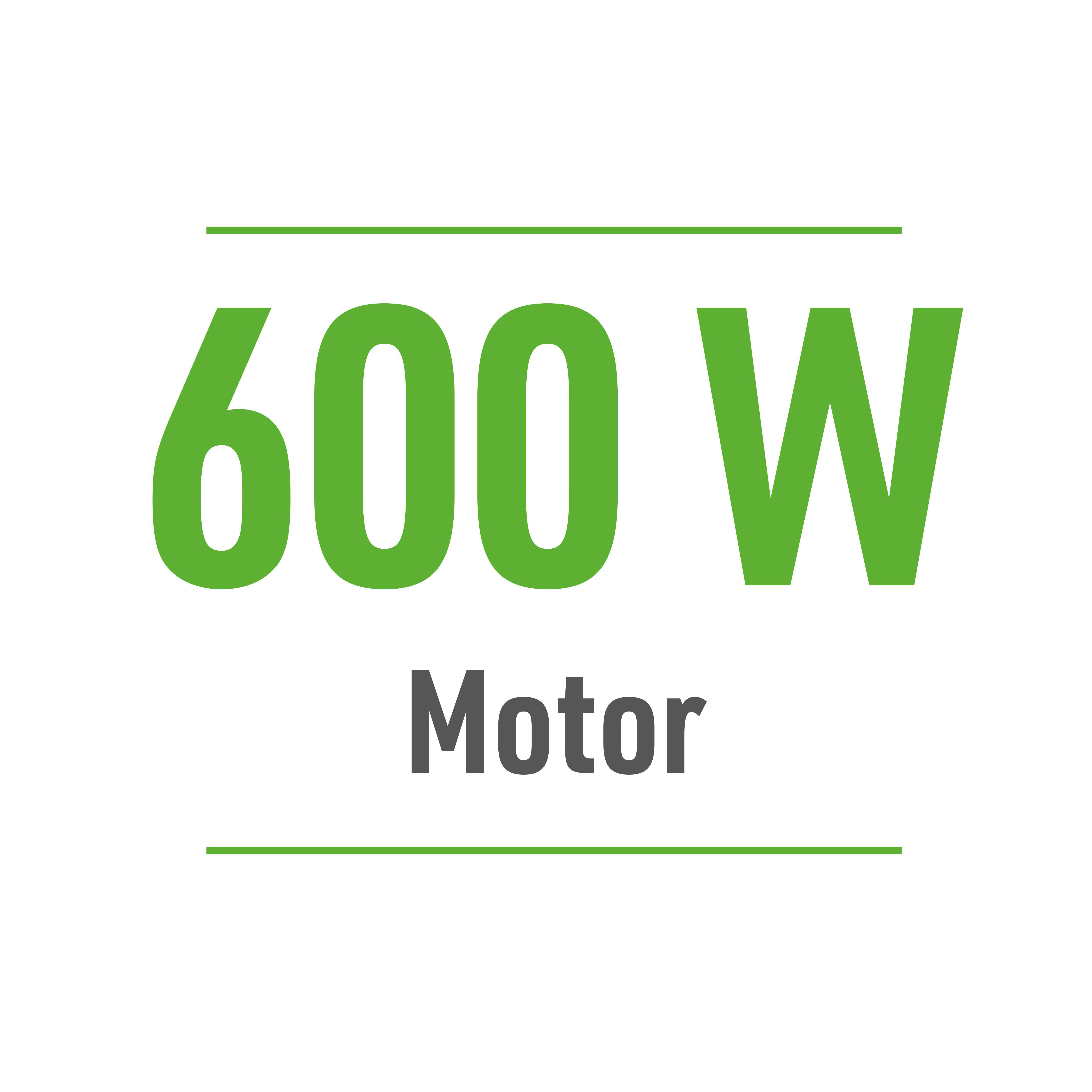 Text mit der Aufschrift 600W Motor in grüner Farbe, auf weißem Hintergrund.