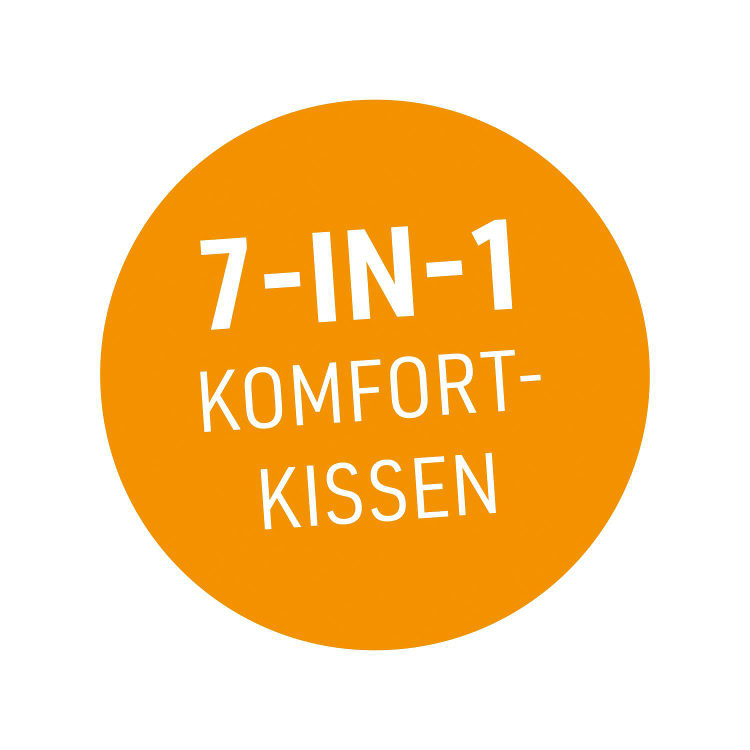 Oranger Kreis mit dem Text "7-IN-1 KOMFORT-KISSEN" in Weiß.