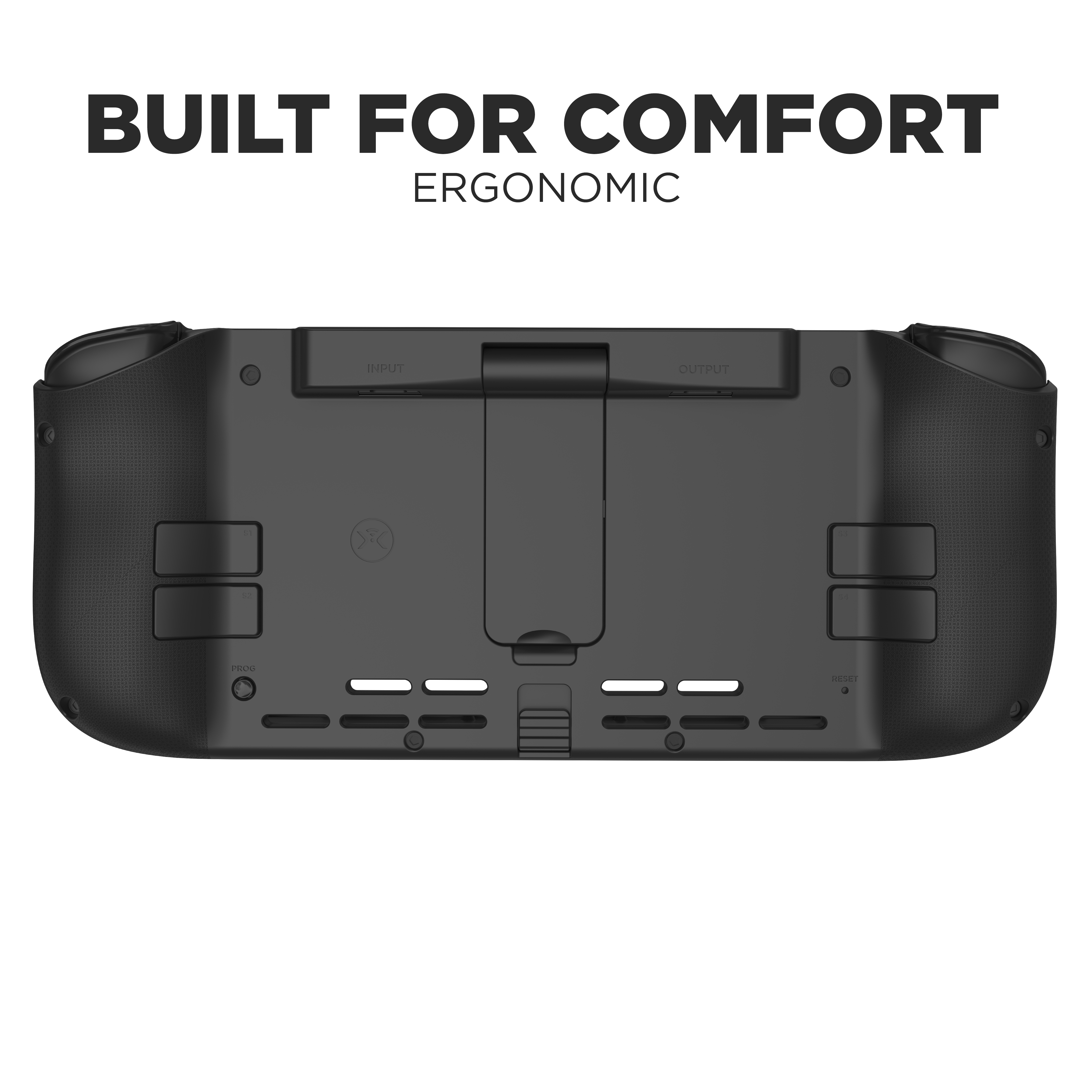 Rückansicht eines schwarzen Controllers mit Ein-/Ausgängen, Tasten und einem zentralen Feld.