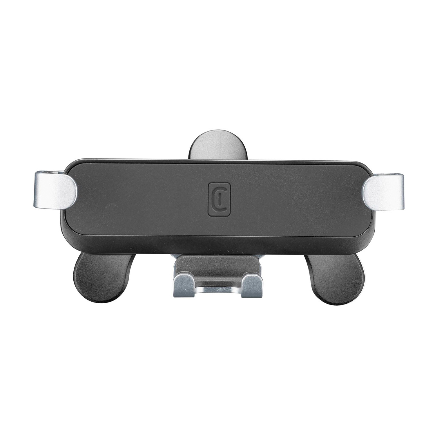 Supporto per telefono nero per auto con centro a forma di telefono e clip argentate.