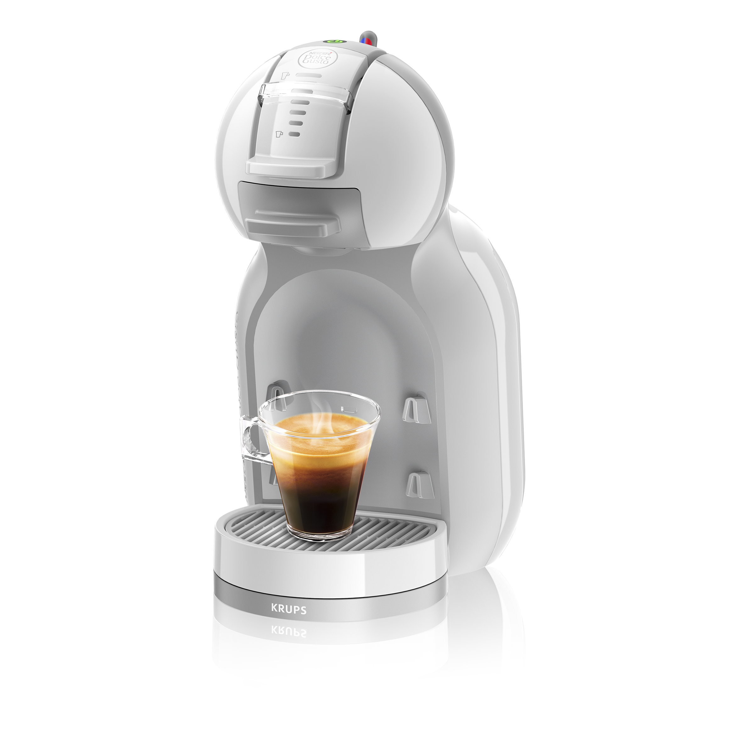 Máquina de café blanca y gris con un vaso de café.